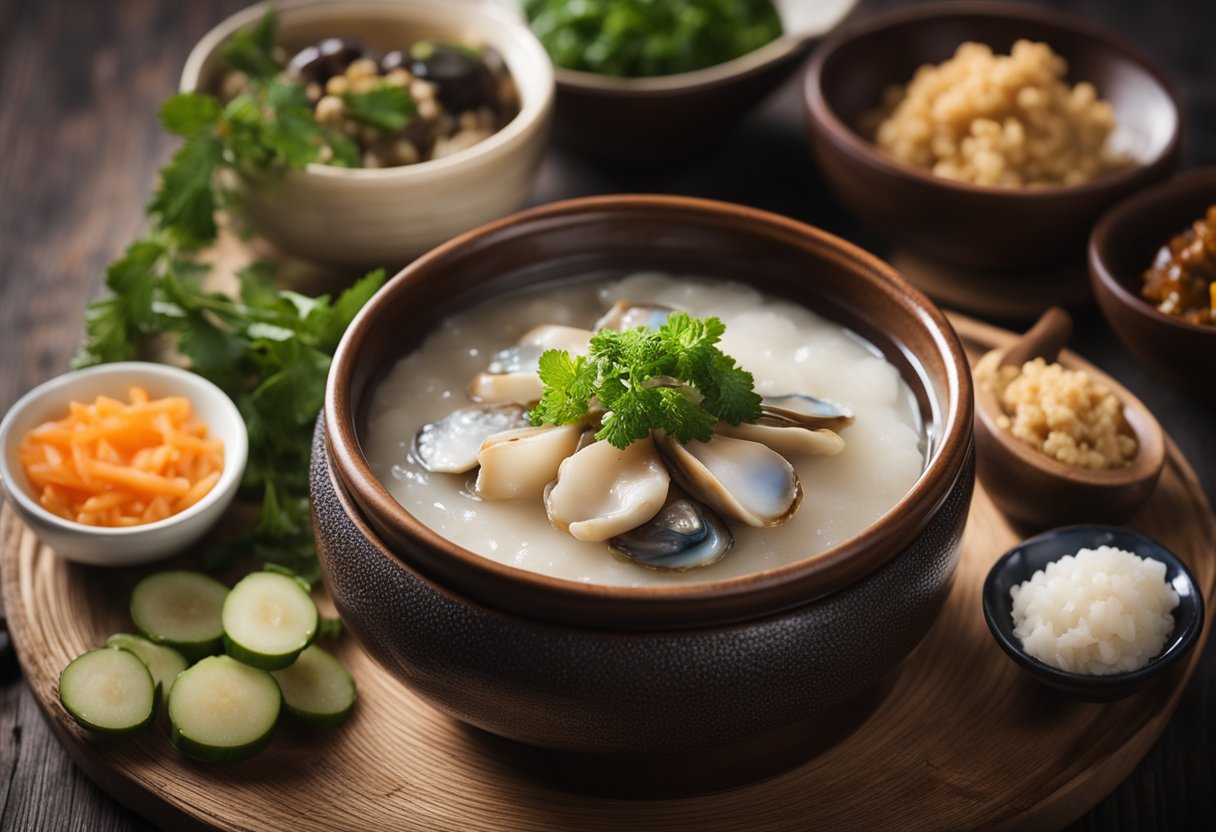 A steaming bowl of abalone porridge sits on a wooden table, surrounded by small dishes of side dishes. The steam rises from the bowl, indicating its warmth