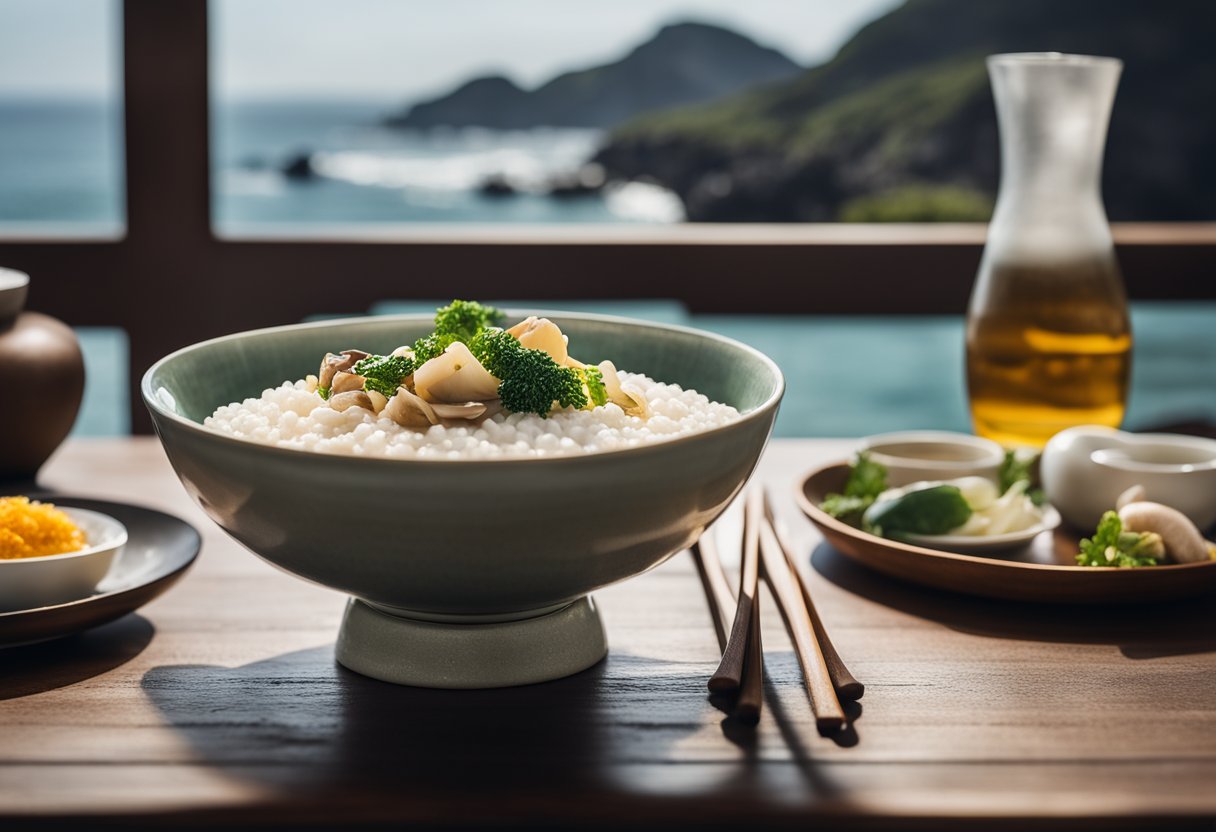 A steaming bowl of abalone porridge sits on a rustic table, surrounded by small dishes of condiments and chopsticks. The backdrop features a serene coastal landscape with rolling waves and a distant lighthouse
