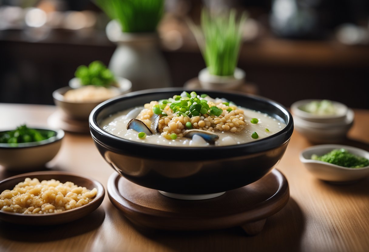 A steaming bowl of abalone porridge sits on a wooden table in a cozy Seoul restaurant, garnished with green onions and sesame seeds