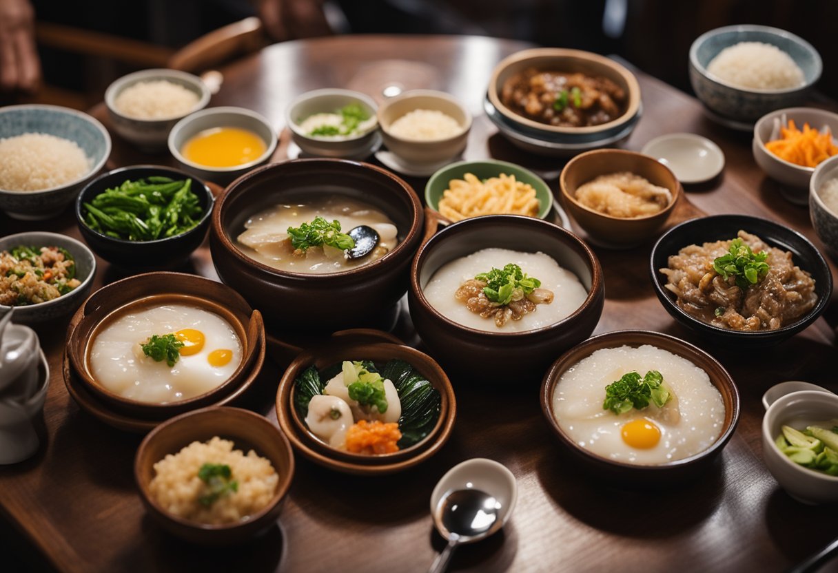 A steaming bowl of abalone porridge sits on a wooden table in a bustling Seoul restaurant, surrounded by traditional Korean side dishes and chopsticks