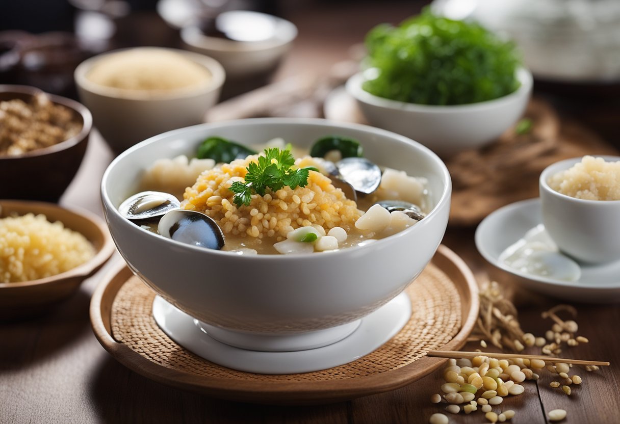 A steaming bowl of abalone porridge sits on a wooden table, surrounded by small dishes of various seasonings and condiments. The rich aroma of the porridge fills the air, hinting at the savory flavors within