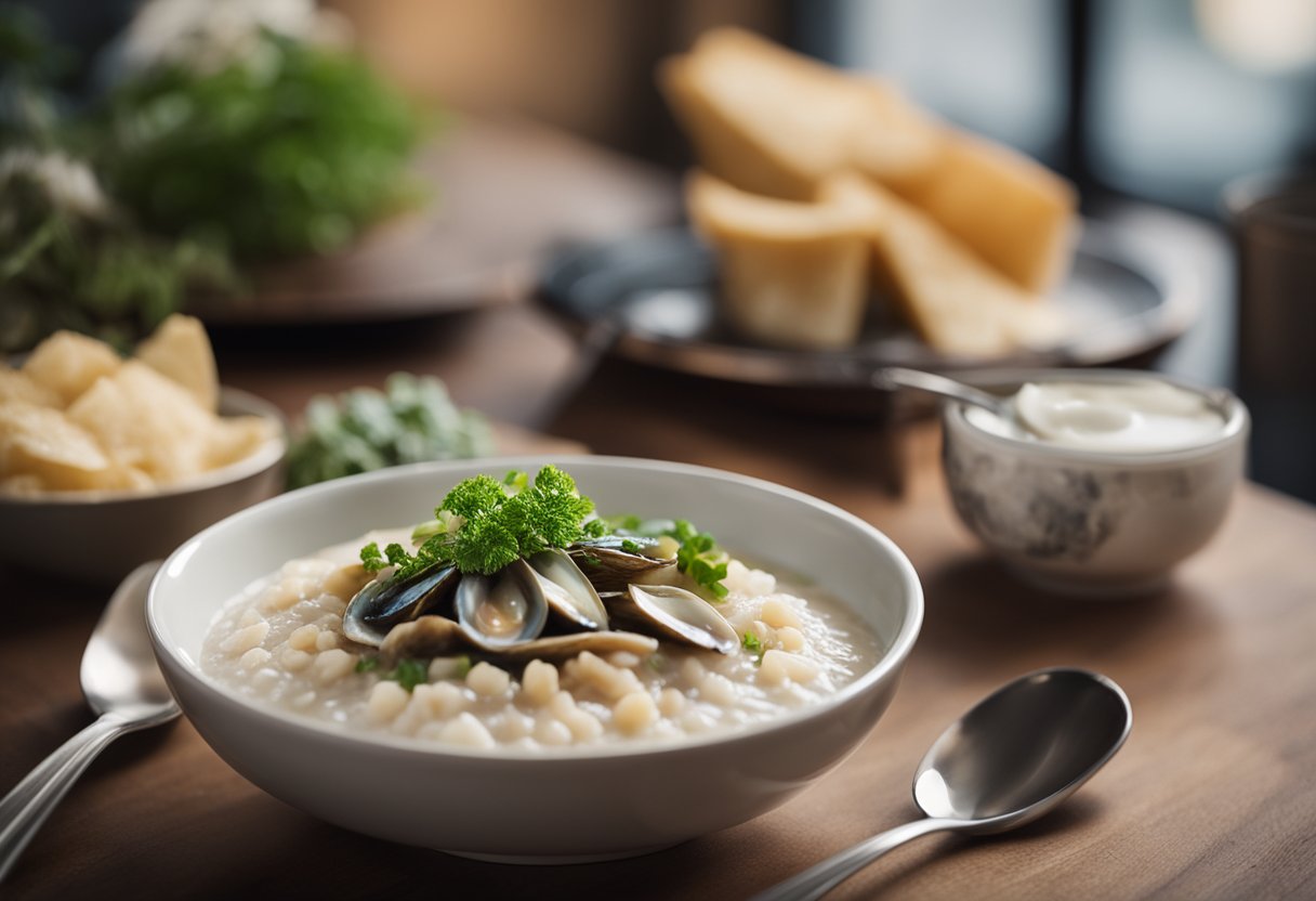 A steaming bowl of abalone porridge sits on a wooden table with a spoon beside it. A sign with "Frequently Asked Questions" hangs on the wall in the background