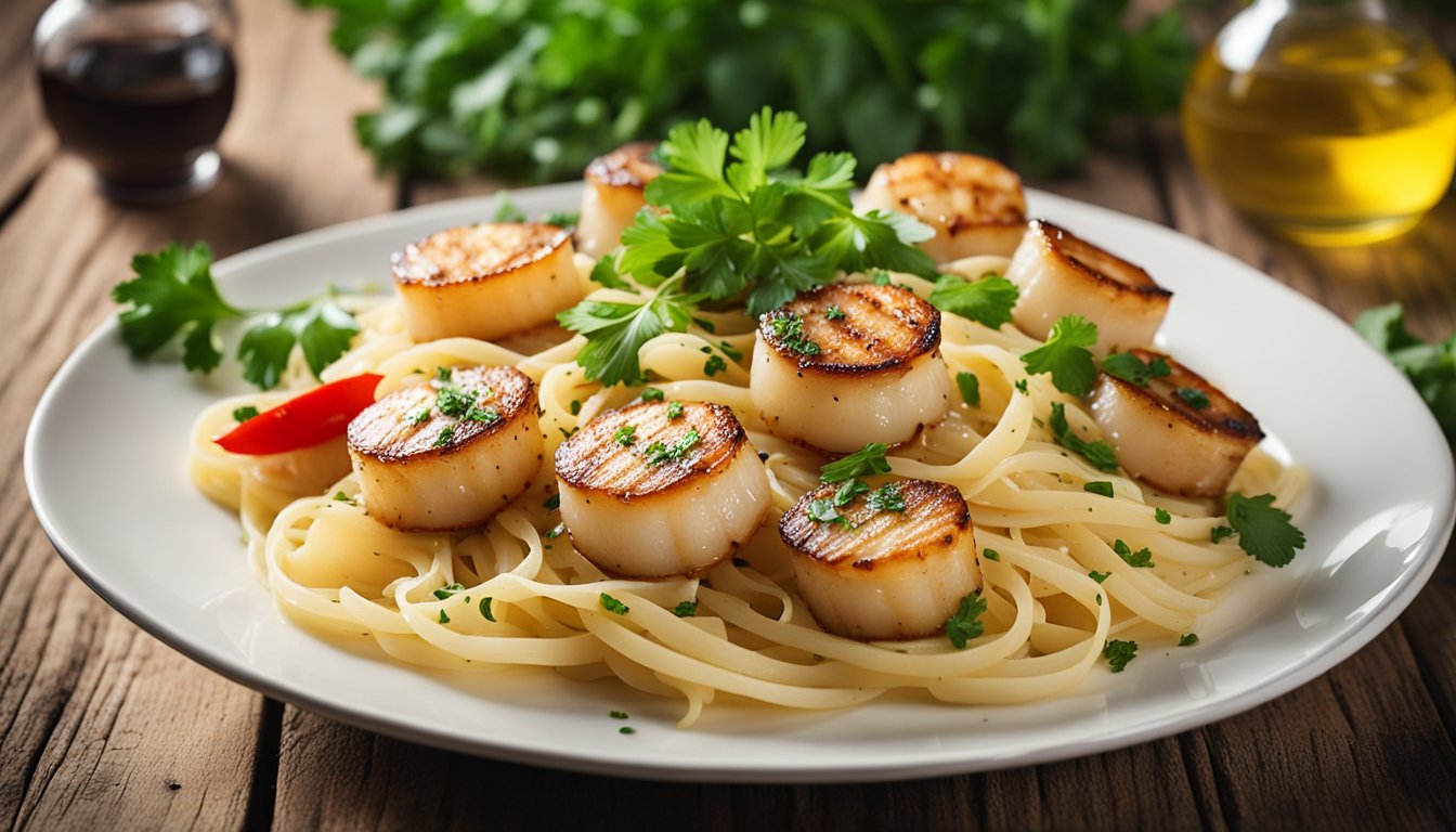 A plate of aglio olio pasta with seared scallops, garnished with fresh parsley and red pepper flakes, sits on a rustic wooden table