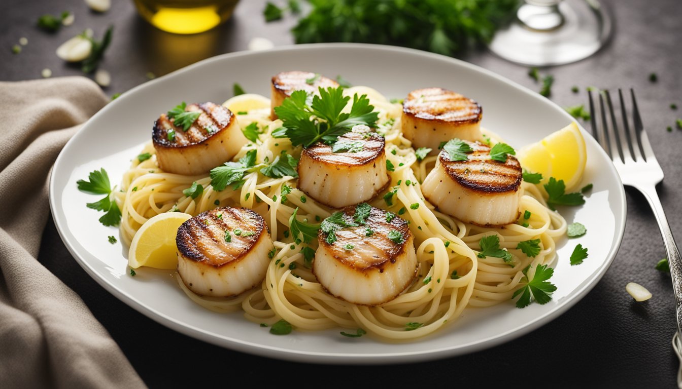 A steaming plate of aglio olio pasta topped with seared scallops, garnished with freshly chopped parsley and drizzled with olive oil