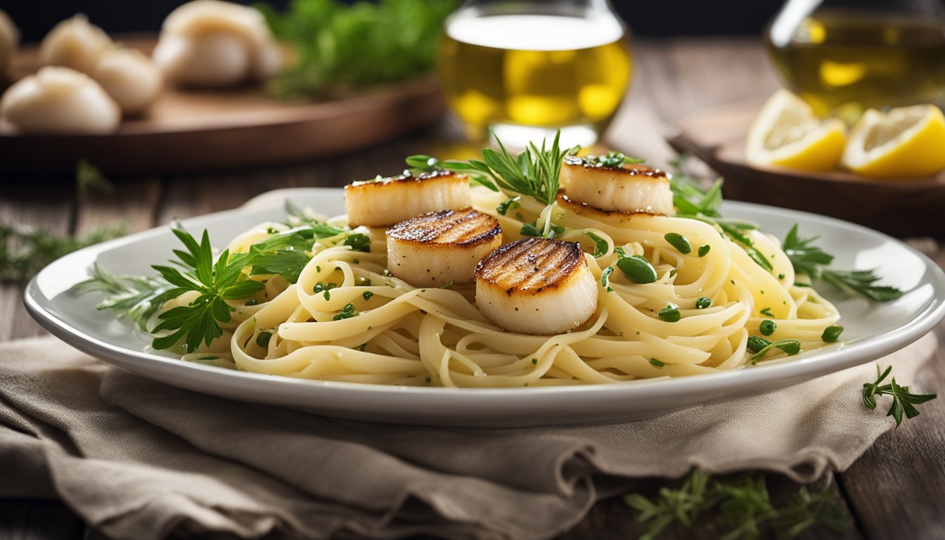 A plate of aglio olio pasta with plump, seared scallops, drizzled with olive oil and garnished with fresh herbs