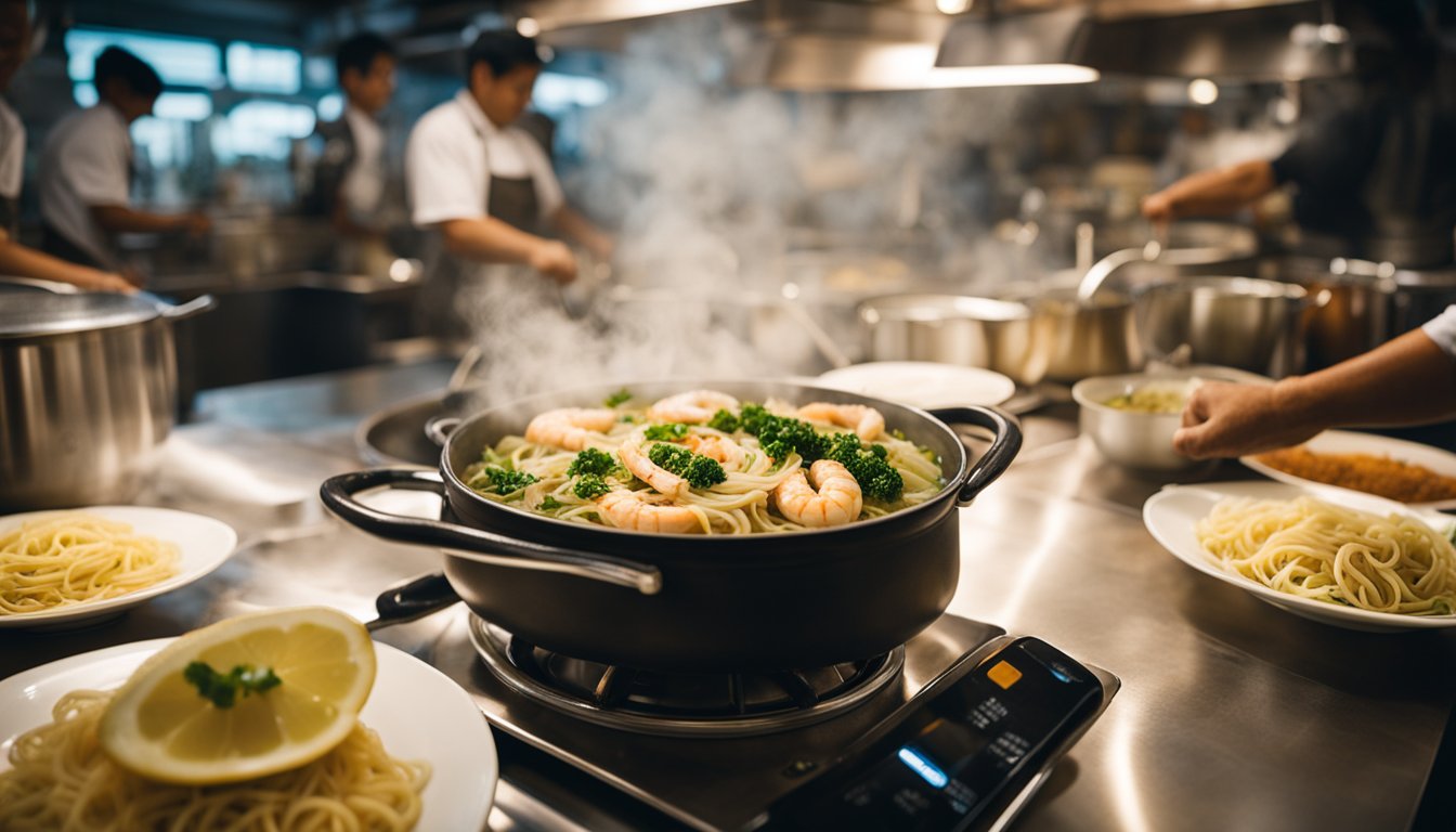 A steaming pot of aglio olio seafood on a table in a bustling Singaporean kitchen
