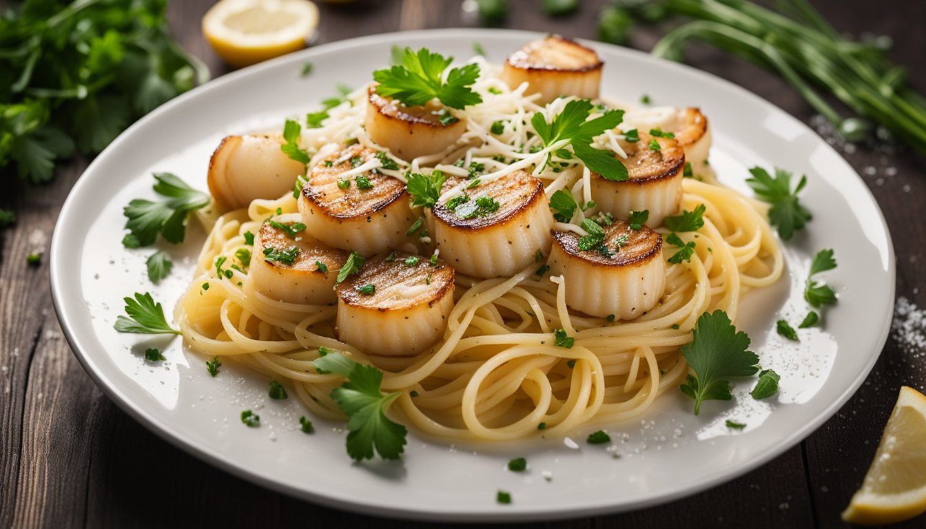 A steaming plate of aglio olio pasta with plump, seared scallops, garnished with fresh parsley and a sprinkle of parmesan cheese