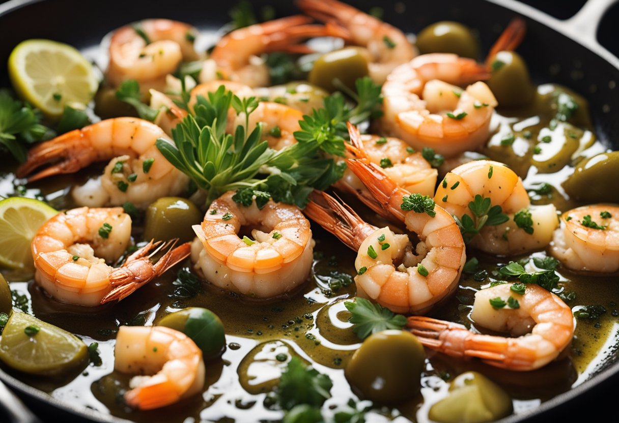 A sizzling skillet with garlic-infused olive oil and succulent prawns
