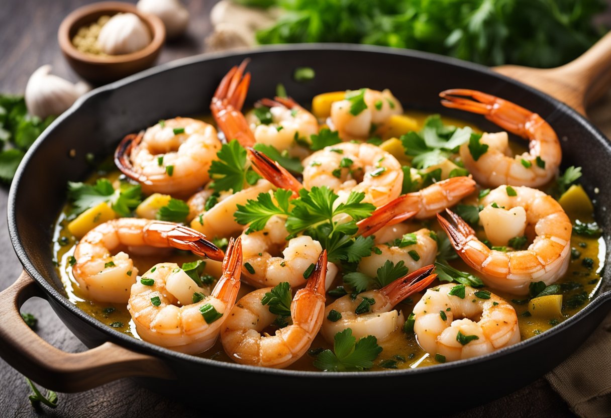 A sizzling pan with garlic, chili flakes, and plump prawns in a golden olive oil sauce, garnished with fresh parsley
