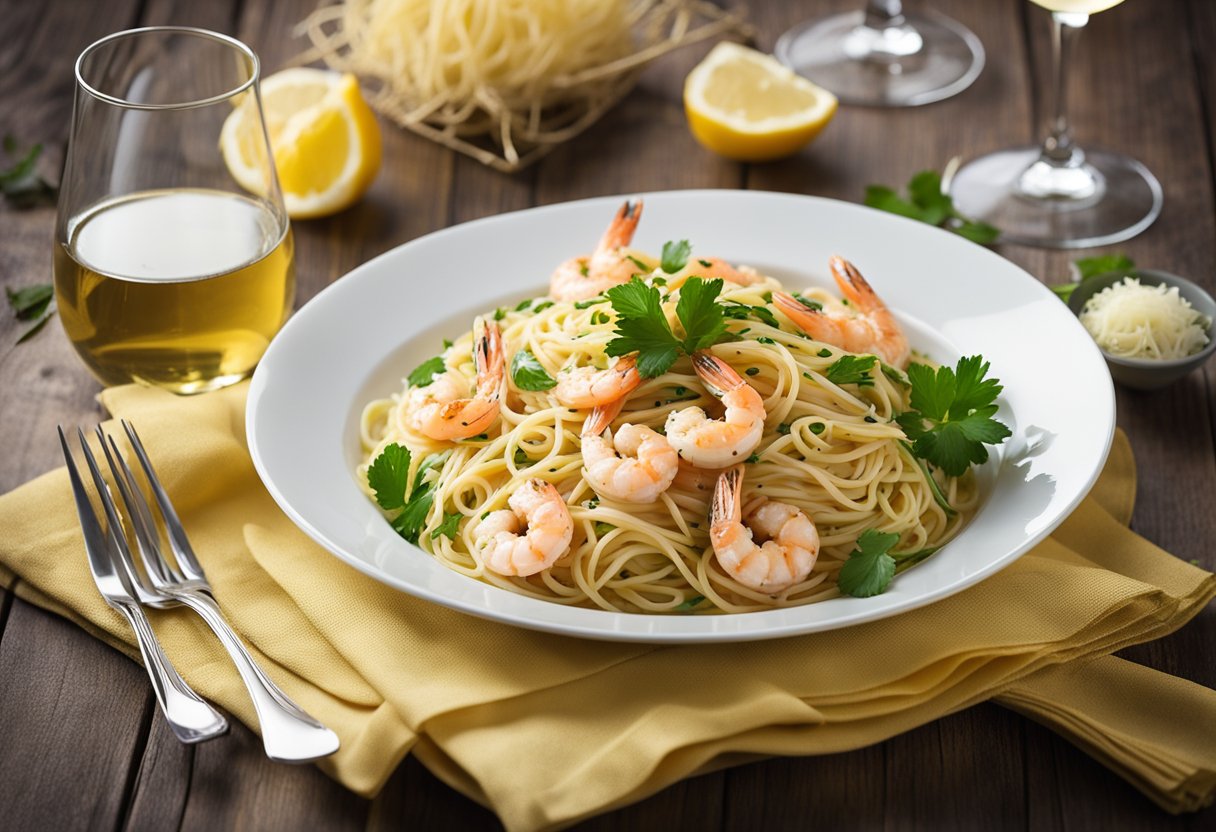 A plate of aglio olio prawns, garnished with fresh parsley, served with a side of al dente spaghetti. A glass of chilled white wine sits beside the dish