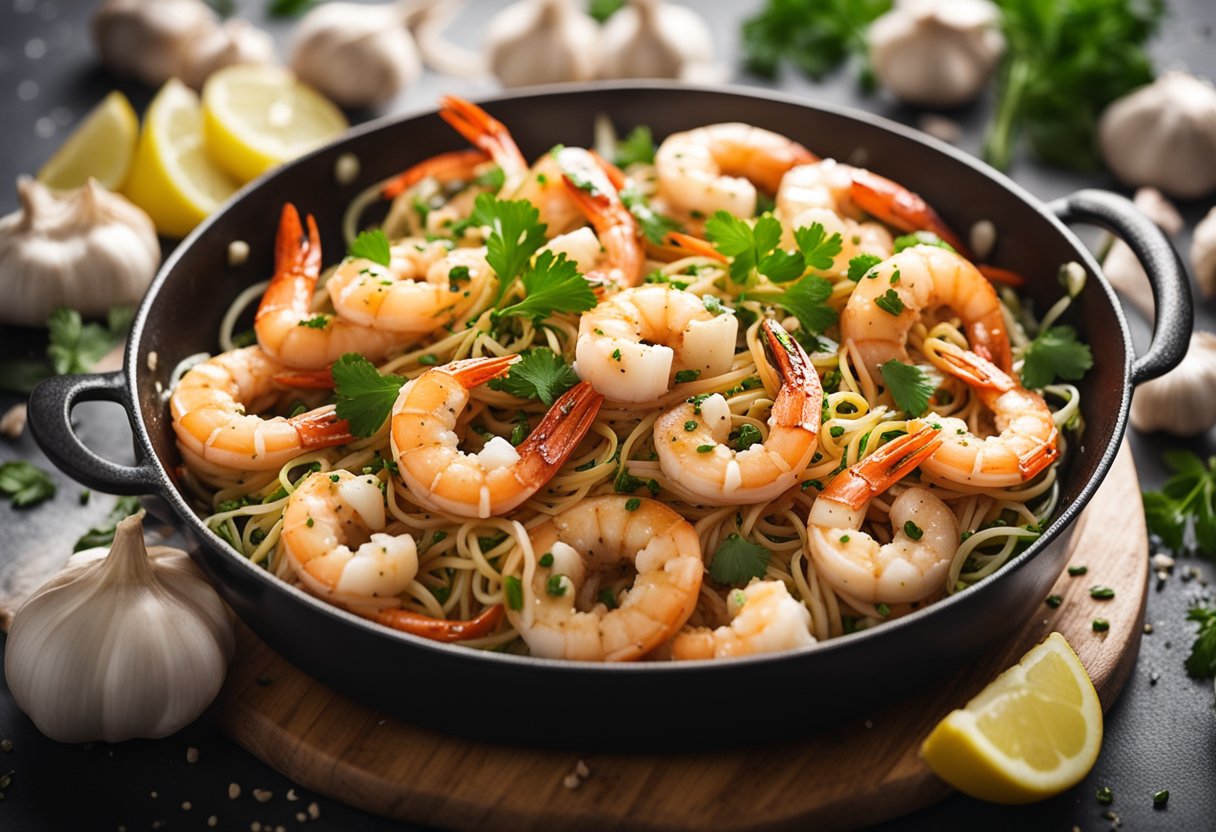 A sizzling pan of aglio olio prawns with steam rising, surrounded by scattered garlic, chili flakes, and a sprinkle of parsley
