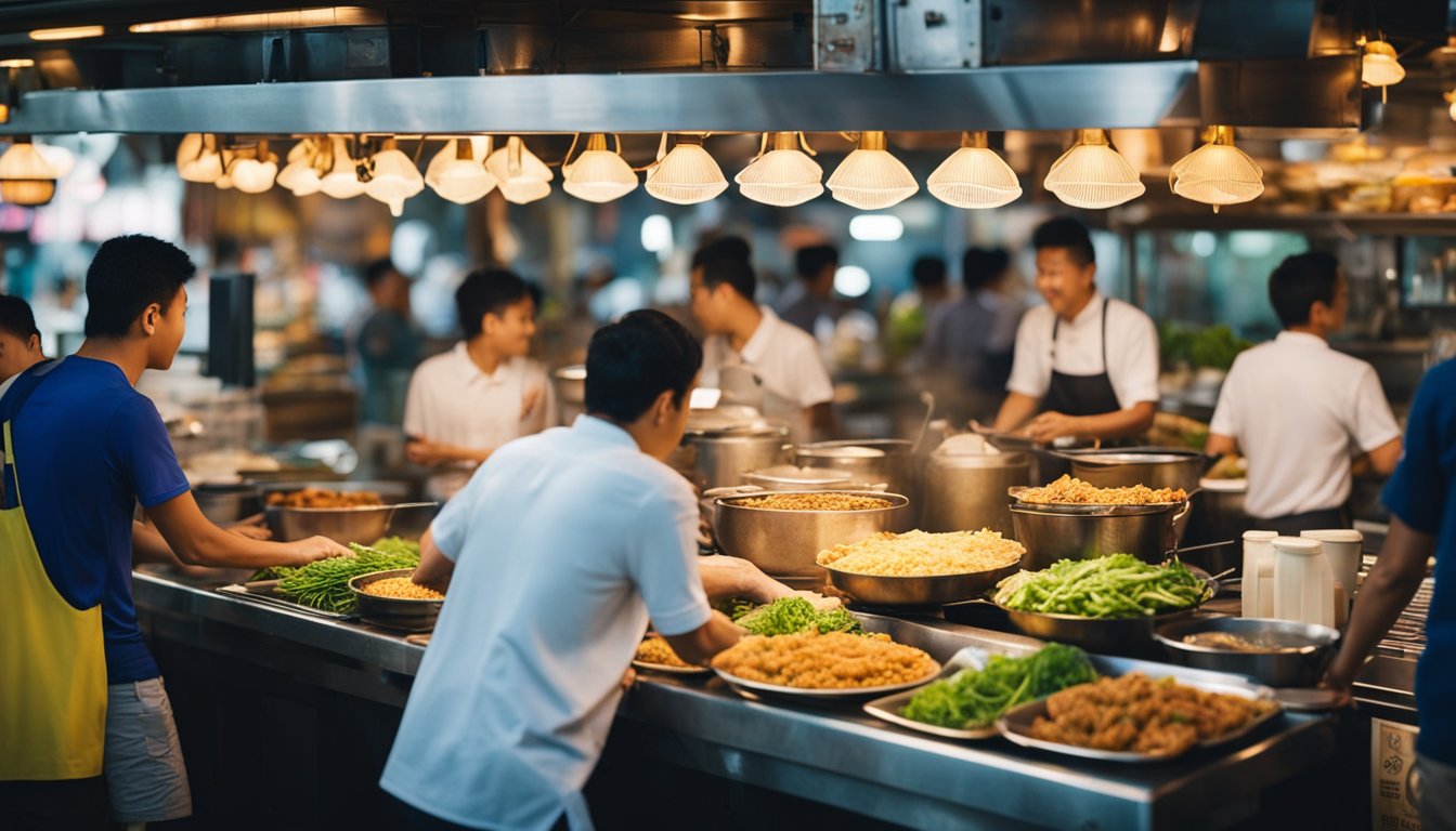 A bustling Singaporean hawker center, with the aroma of aglio olio seafood wafting through the air, as locals and tourists alike enjoy the vibrant cultural and regional influences in the bustling food scene