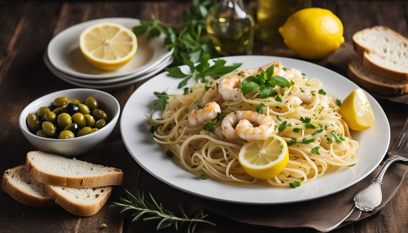 A steaming plate of aglio olio seafood with a side of crusty bread, set on a rustic wooden table with a bowl of fresh lemons and a bottle of olive oil