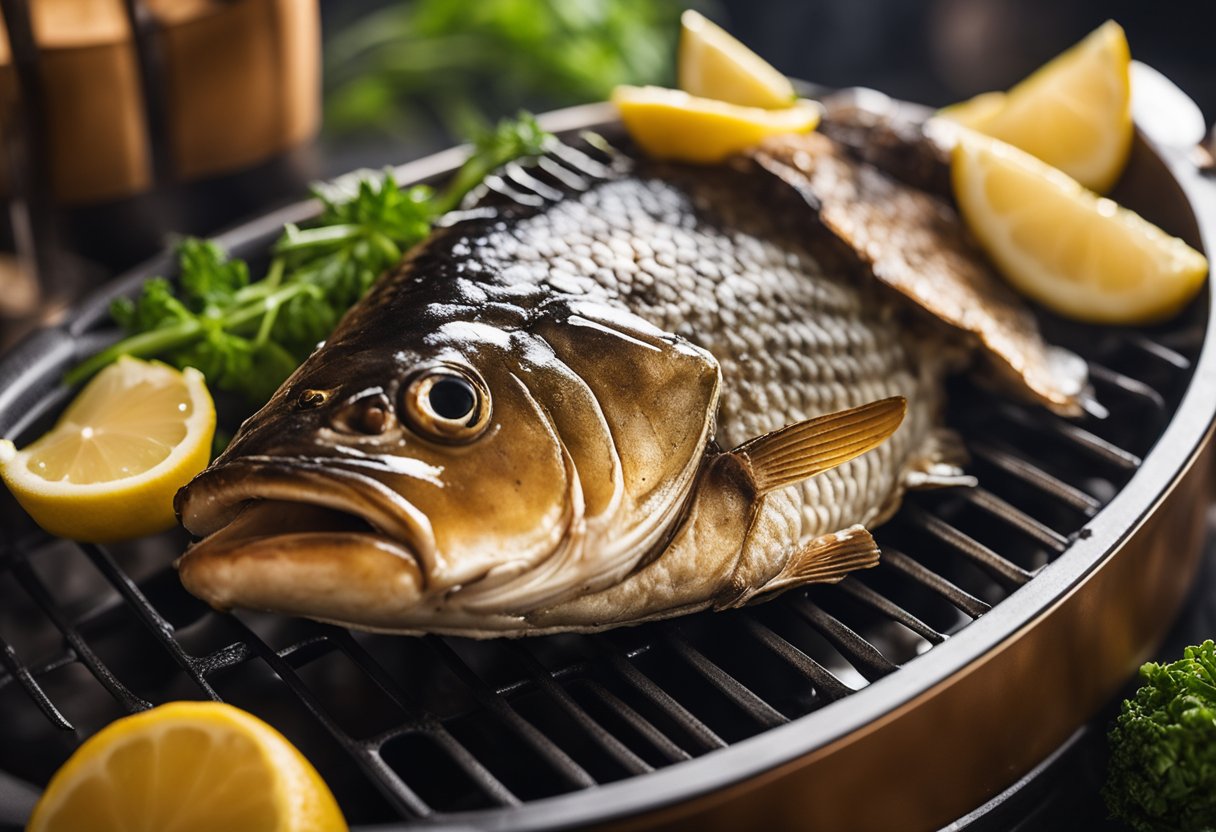A fish head sizzling in an air fryer, surrounded by steam and a golden brown crust