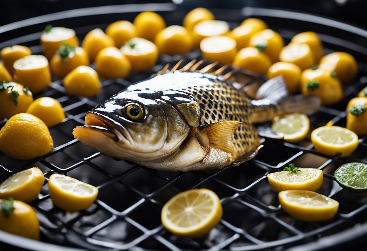 A fish head is placed in an air fryer basket, seasoned and coated with oil, then cooked until golden and crispy