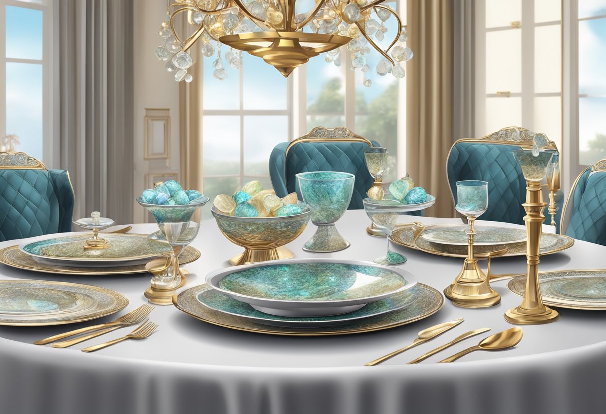 A luxurious dining table set with exquisite abalone dishes, surrounded by elegant decor and ambient lighting