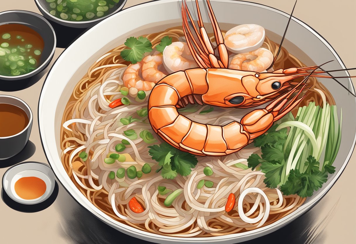 A steaming bowl of Ah Hui Big Prawn Noodles, surrounded by fresh prawns, spring onions, and chili, with a fragrant broth and a side of crispy fried shallots