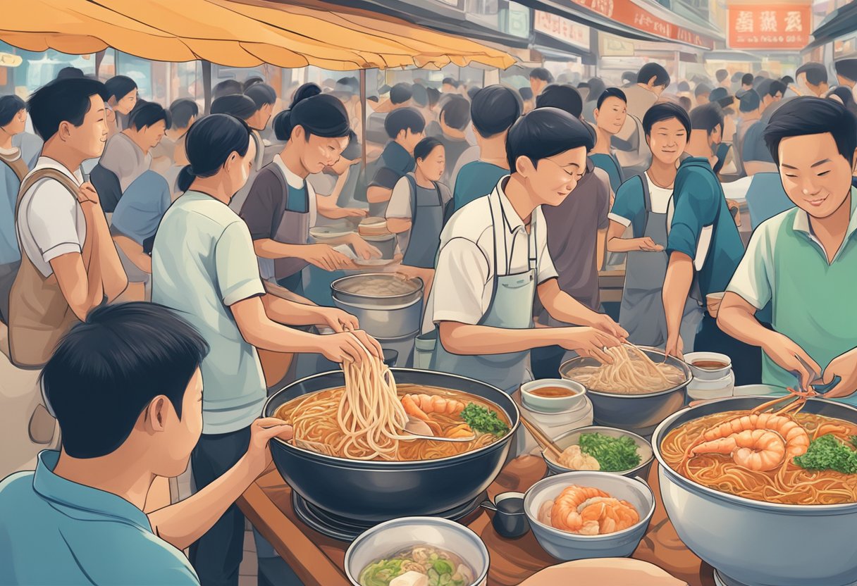 A steaming bowl of Ah Hui Big Prawn Noodles sits on a crowded hawker stall, surrounded by bustling customers and the tantalizing aroma of seafood broth