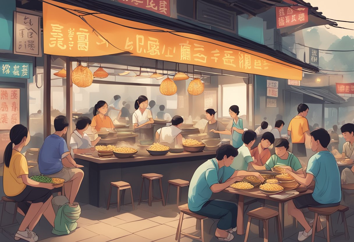 A bustling hawker stall with a sign "Frequently Asked Questions ah hui big prawn noodles" surrounded by hungry customers and steaming bowls of noodles