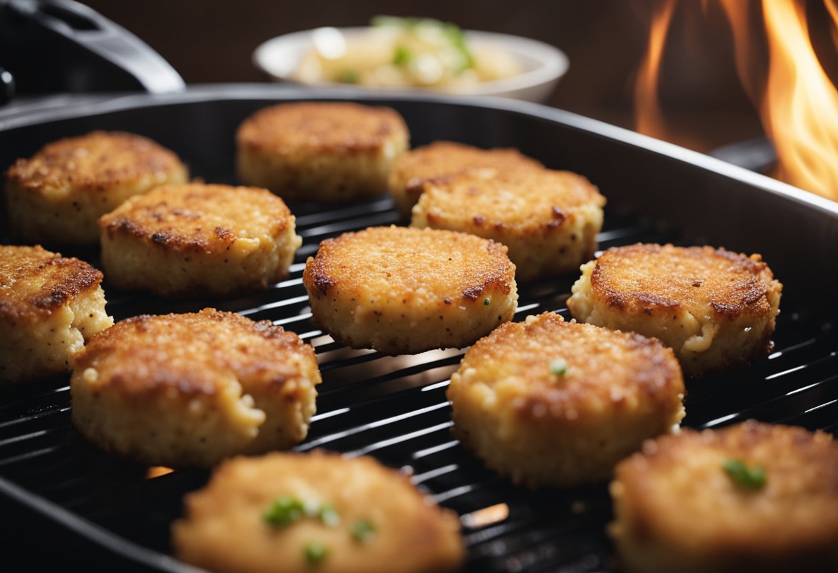 Golden brown crab cakes sizzling in the air fryer basket, emitting a tantalizing aroma