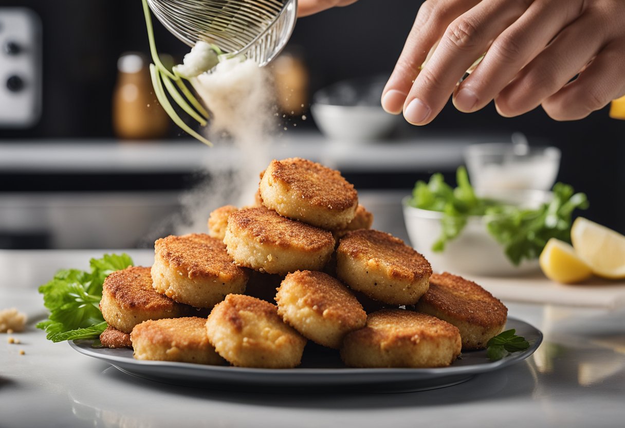 Crab cakes being placed in the air fryer, surrounded by a light mist of cooking spray. Breadcrumbs and seasoning scattered on the countertop