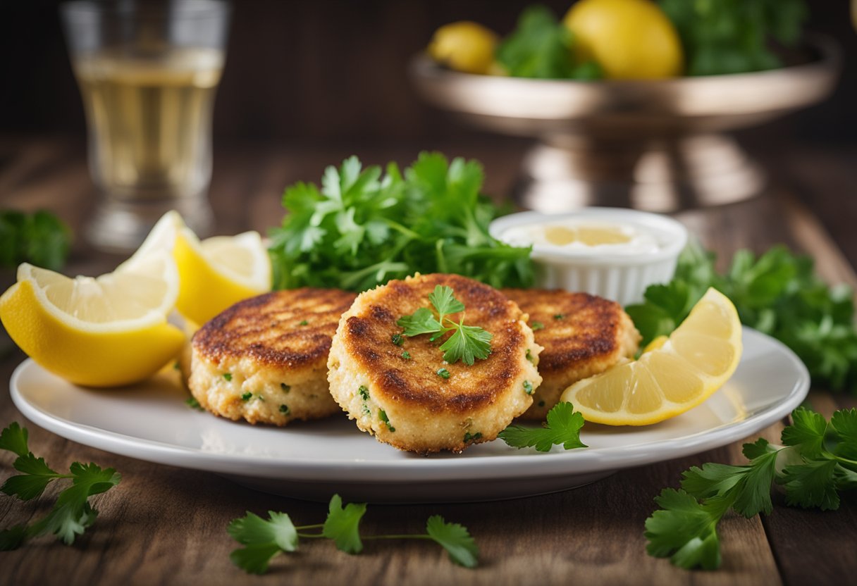 A plate of golden-brown crab cakes surrounded by lemon wedges and a sprig of fresh parsley, with a stack of napkins nearby