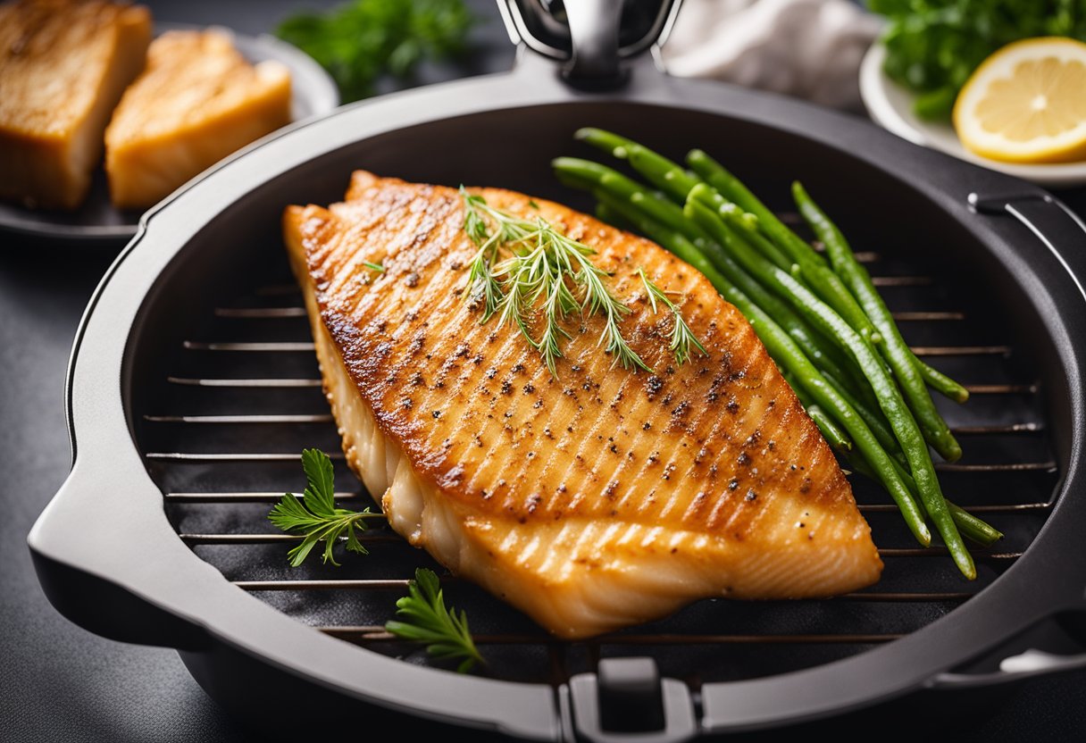 A golden-brown fish fillet sizzling in an air fryer basket, surrounded by a light mist of steam