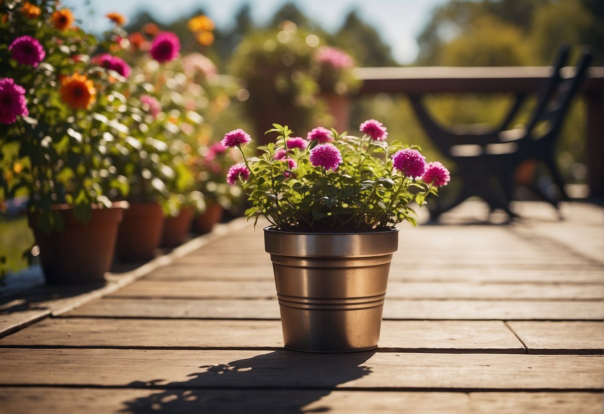 A metal flower pot sits on a wooden deck, filled with vibrant blooms, catching the sunlight