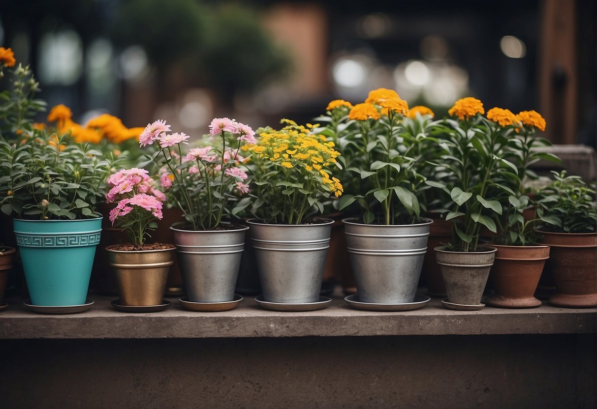 Metal flower pots through history, from ancient civilizations to modern designs, showcasing various shapes, sizes, and decorative details