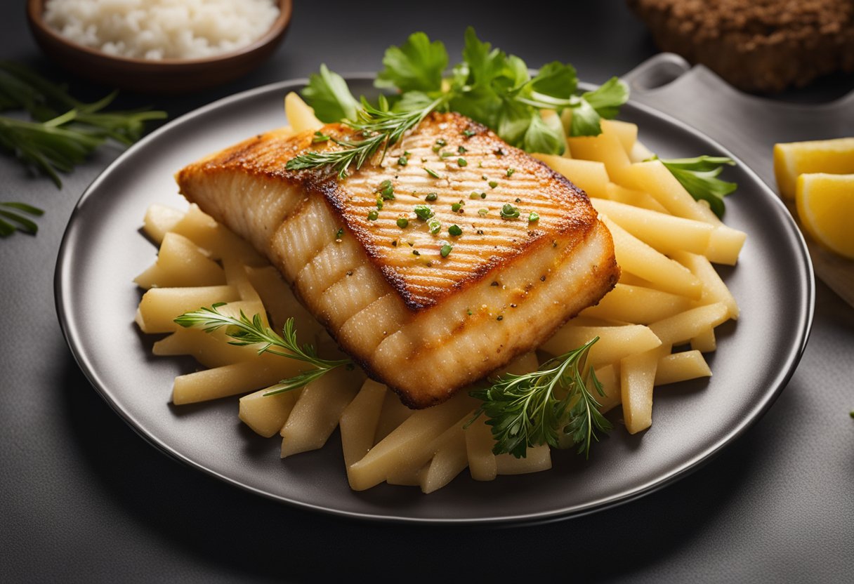 A golden-brown fish fillet sizzles in the air fryer basket, surrounded by a halo of steam. The appliance's digital display shows the cooking time counting down