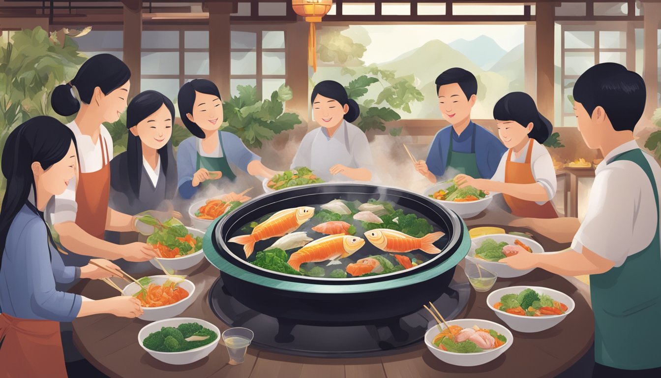 Customers enjoying a variety of fresh fish and vegetables cooking in a bubbling hotpot at Ai Shang Fish Hotpot restaurant