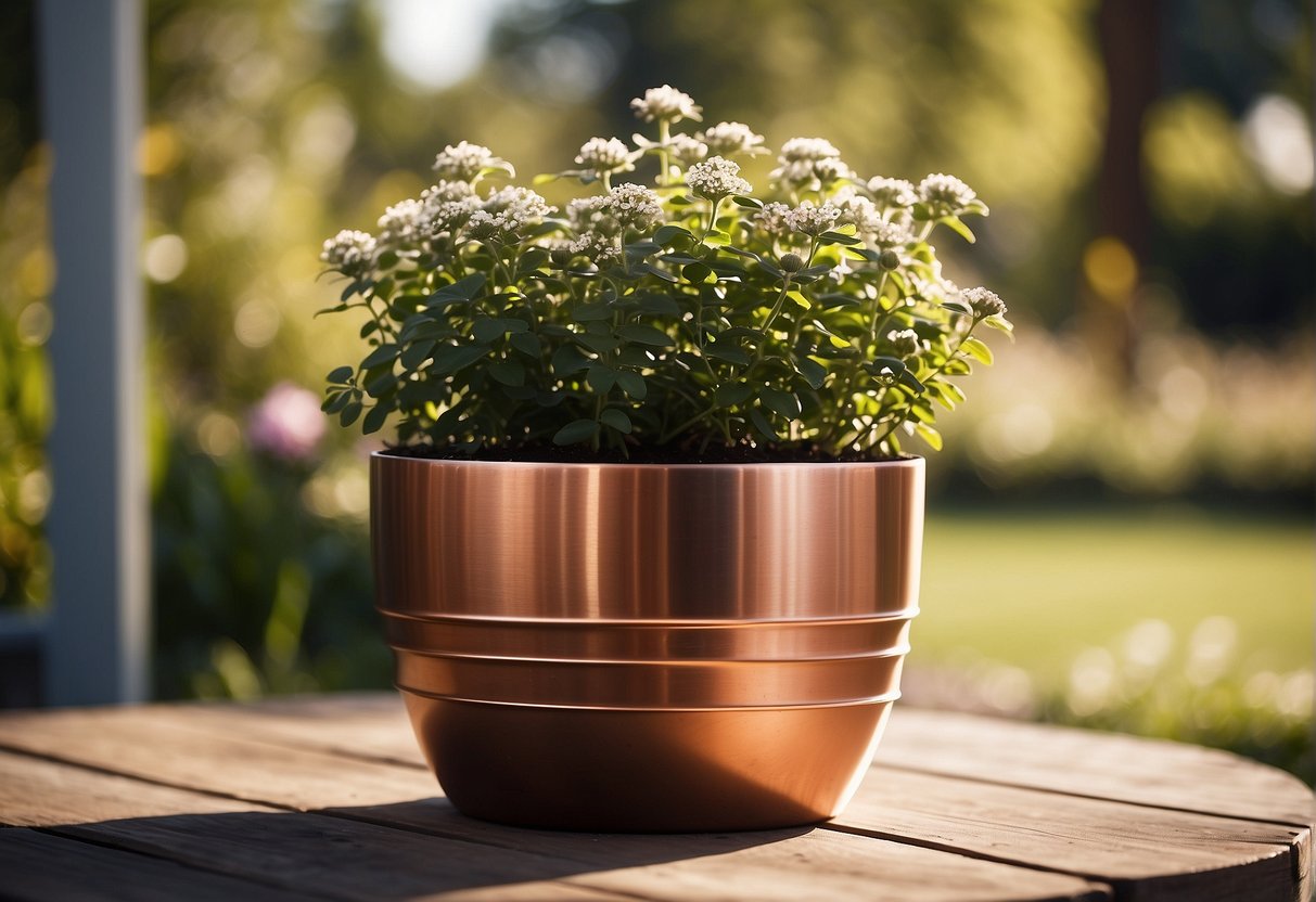 A metal flower pot, crafted from steel and copper, sits on a wooden table in a sunlit garden