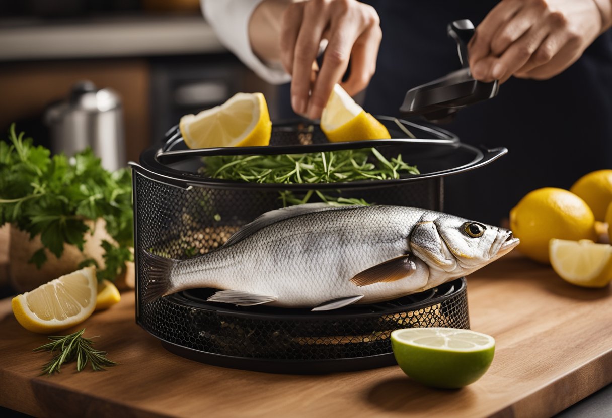 A whole fish being seasoned with herbs and spices, then placed in the air fryer basket. The air fryer is set on the counter next to a bowl of fresh lemon wedges