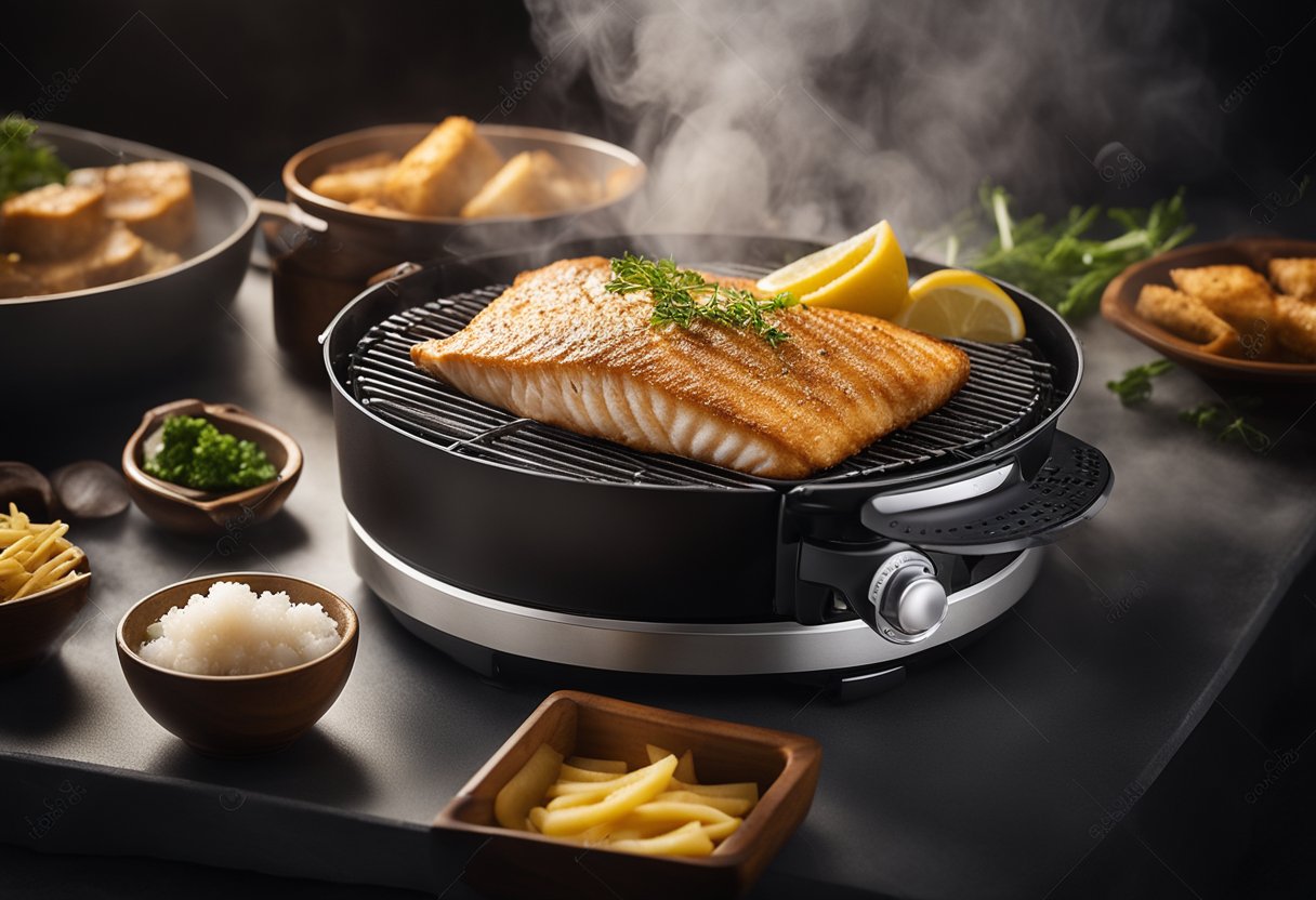 A golden-brown fish fillet sizzling in an air fryer basket, surrounded by a light mist of steam, with a digital display showing cooking time