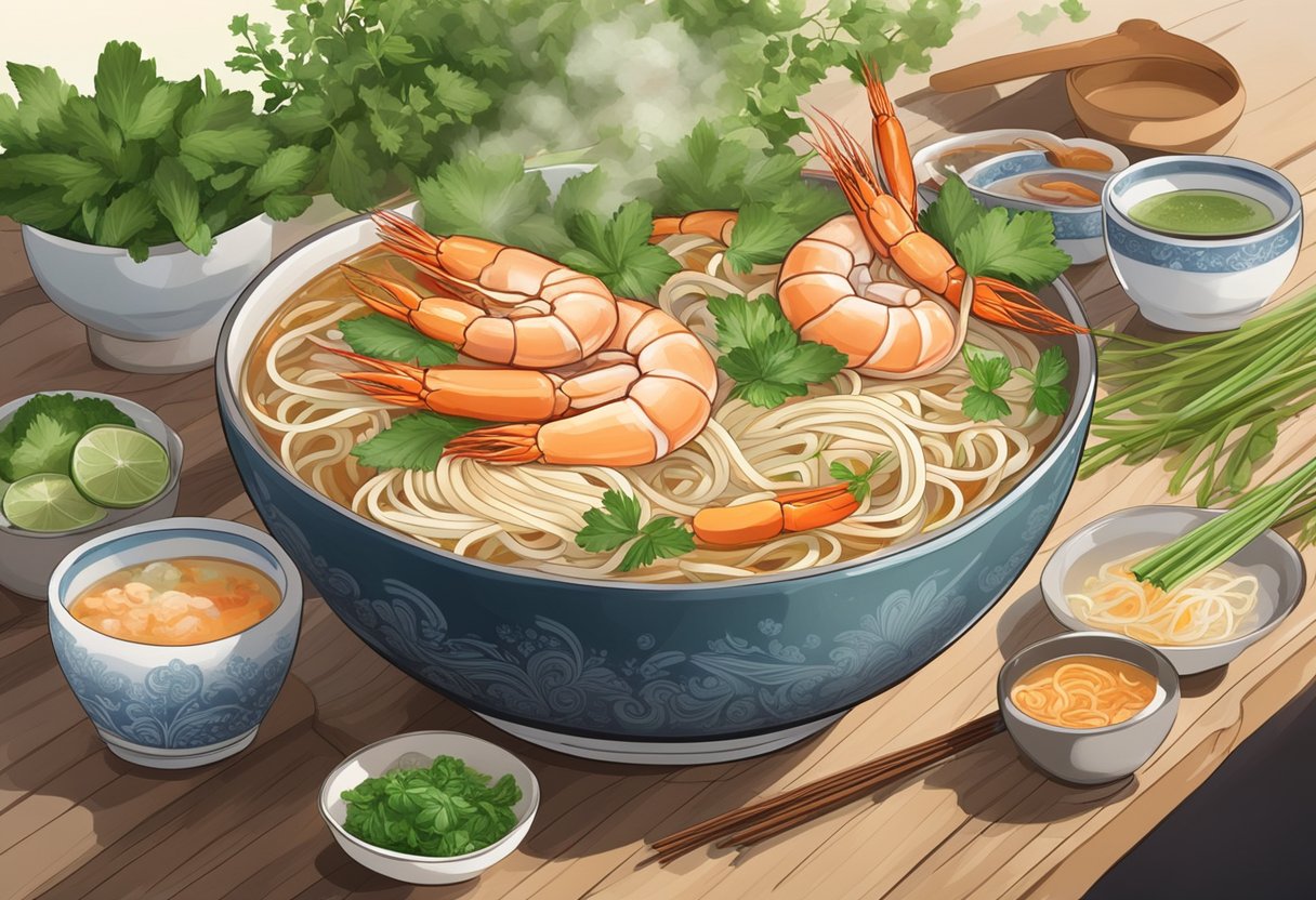 A steaming bowl of prawn noodle soup sits on a wooden table, surrounded by fresh herbs and condiments. Steam rises from the fragrant broth, creating an inviting scene