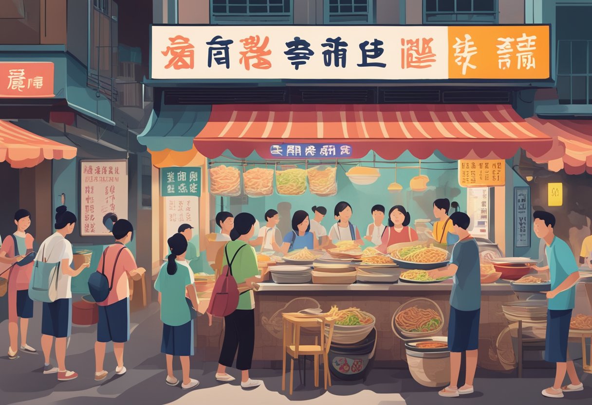 A bustling hawker stall with a colorful sign reading "Frequently Asked Questions amoy st boon kee prawn noodle" surrounded by eager customers and steaming bowls of noodles