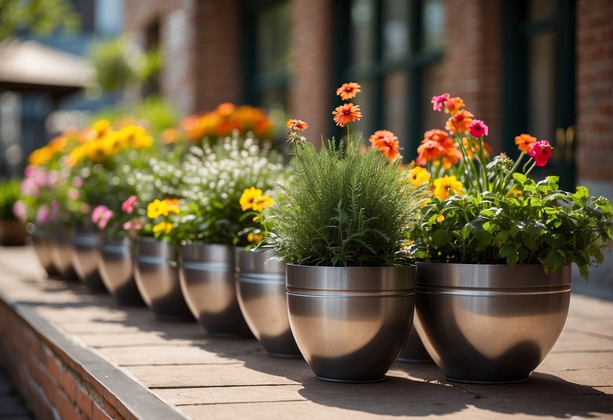 Metal planters arranged in a row, filled with vibrant flowers and greenery, placed on a sunny patio