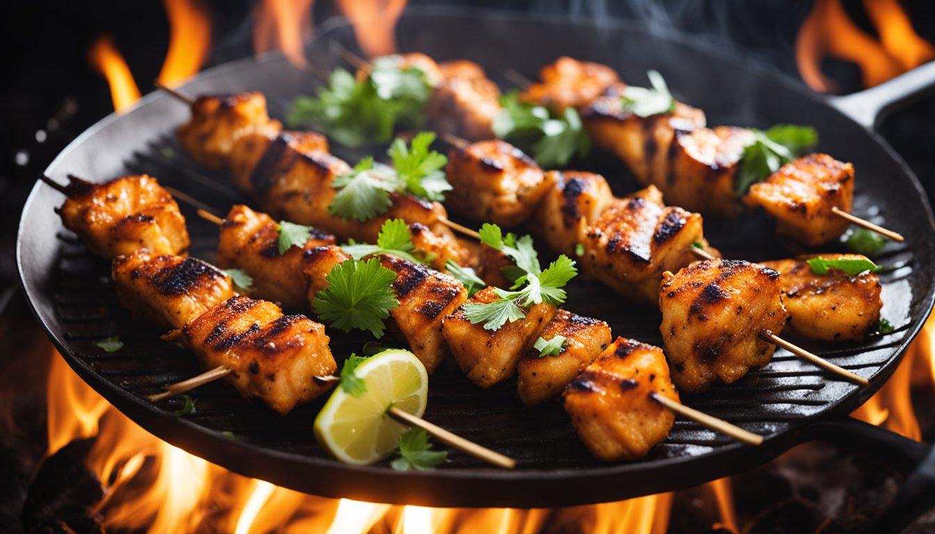 A plate of ajwani fish tikka sizzling on a hot grill, emitting aromatic smoke and charred marks