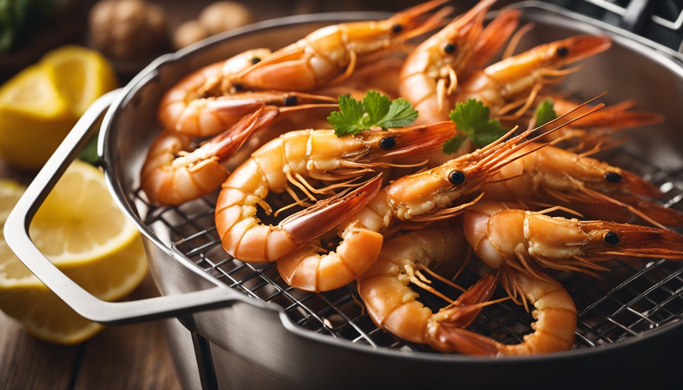 Golden prawns sizzling in the air fryer basket, surrounded by a light mist of oil, with a hint of aromatic seasoning