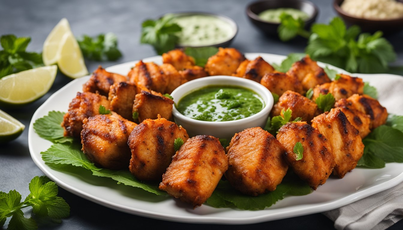 Ajwani fish tikka being served on a platter with a side of mint chutney and garnished with fresh cilantro leaves