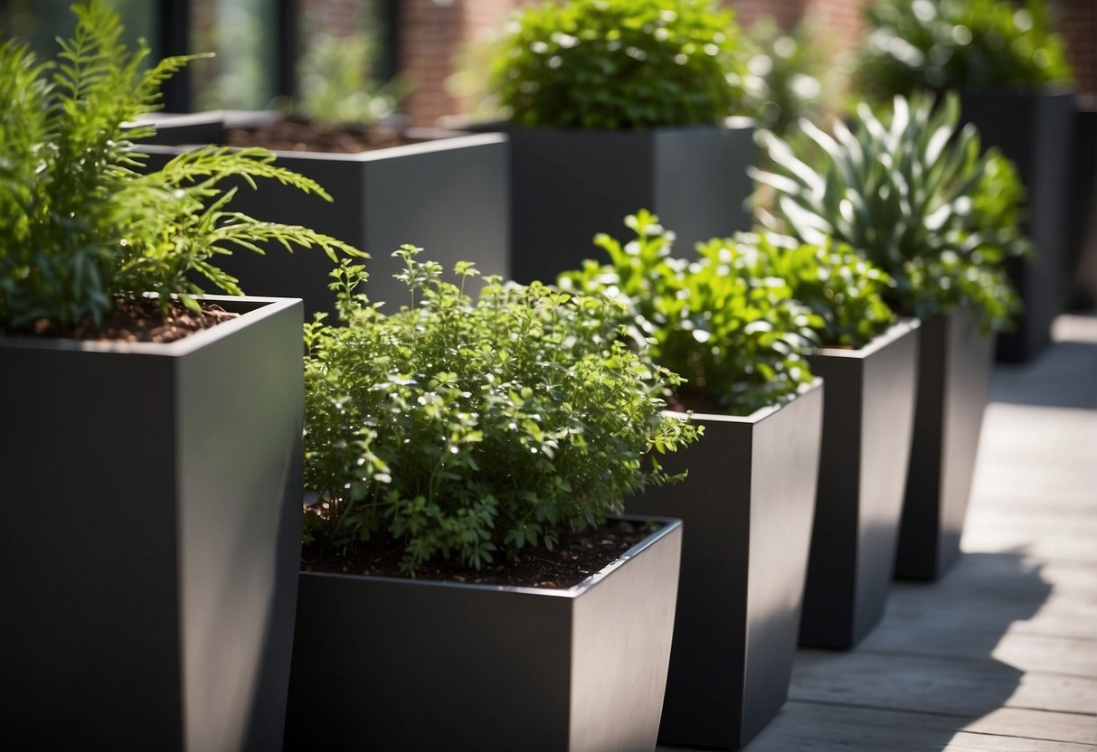 Metal planters arranged in a staggered formation on a modern outdoor patio, with lush green plants spilling over the edges