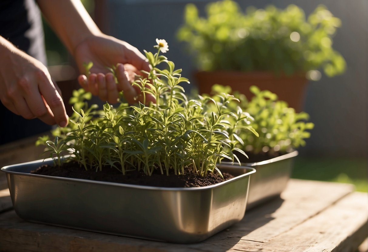 A person fills metal planters with soil and carefully plants small flowers and herbs. The sun shines down on the garden, casting shadows on the metal surface