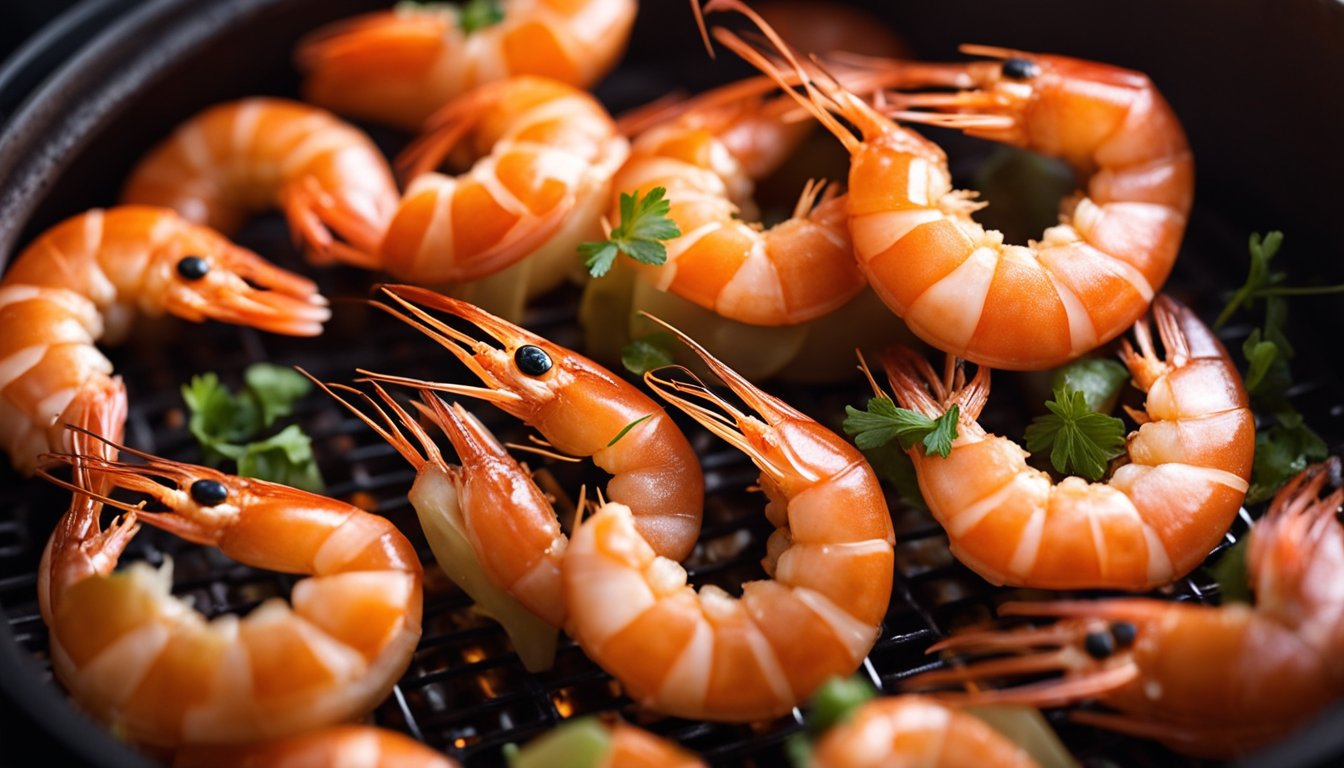 Plump prawns sizzle in the air fryer, emitting a tantalizing aroma. The golden shells glisten under the hot air, ready to be enjoyed