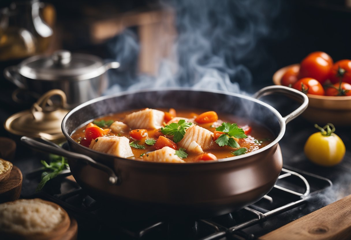 A steaming pot of Angoli fish stew, with tomatoes, onions, and aromatic spices, simmering over an open flame in a rustic kitchen