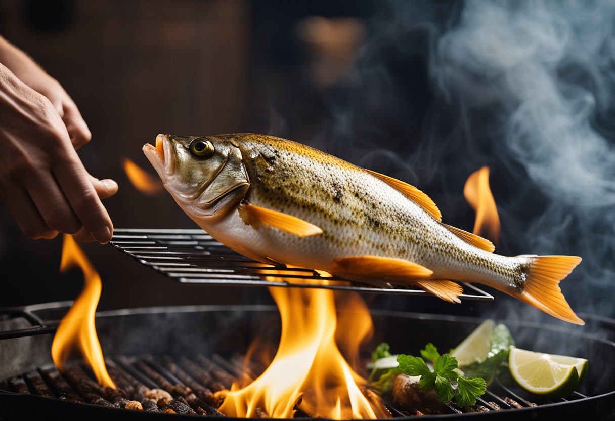A fish being marinated in a mixture of spices and herbs, then being grilled over an open flame, with the smoke rising up into the air
