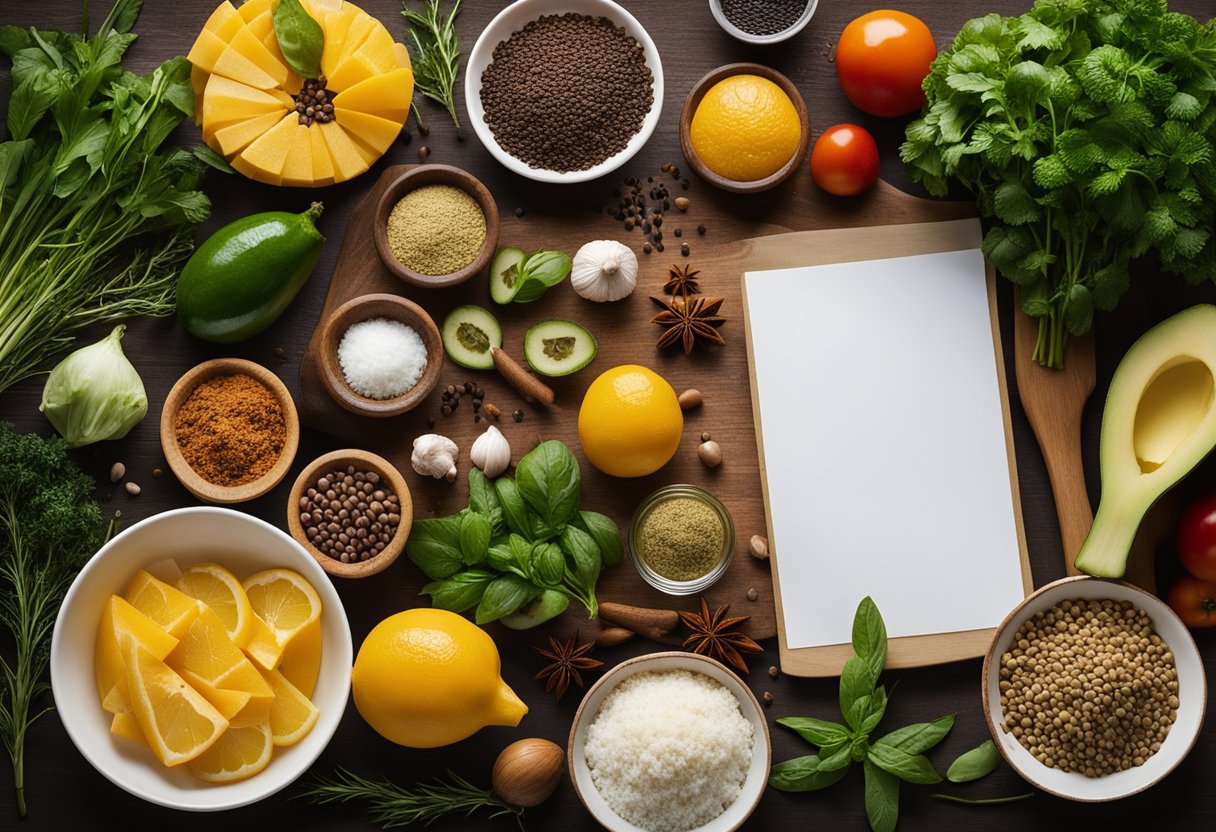 A colorful array of fresh ingredients scattered on a wooden cutting board, including fish, herbs, and spices, with a handwritten recipe card nearby