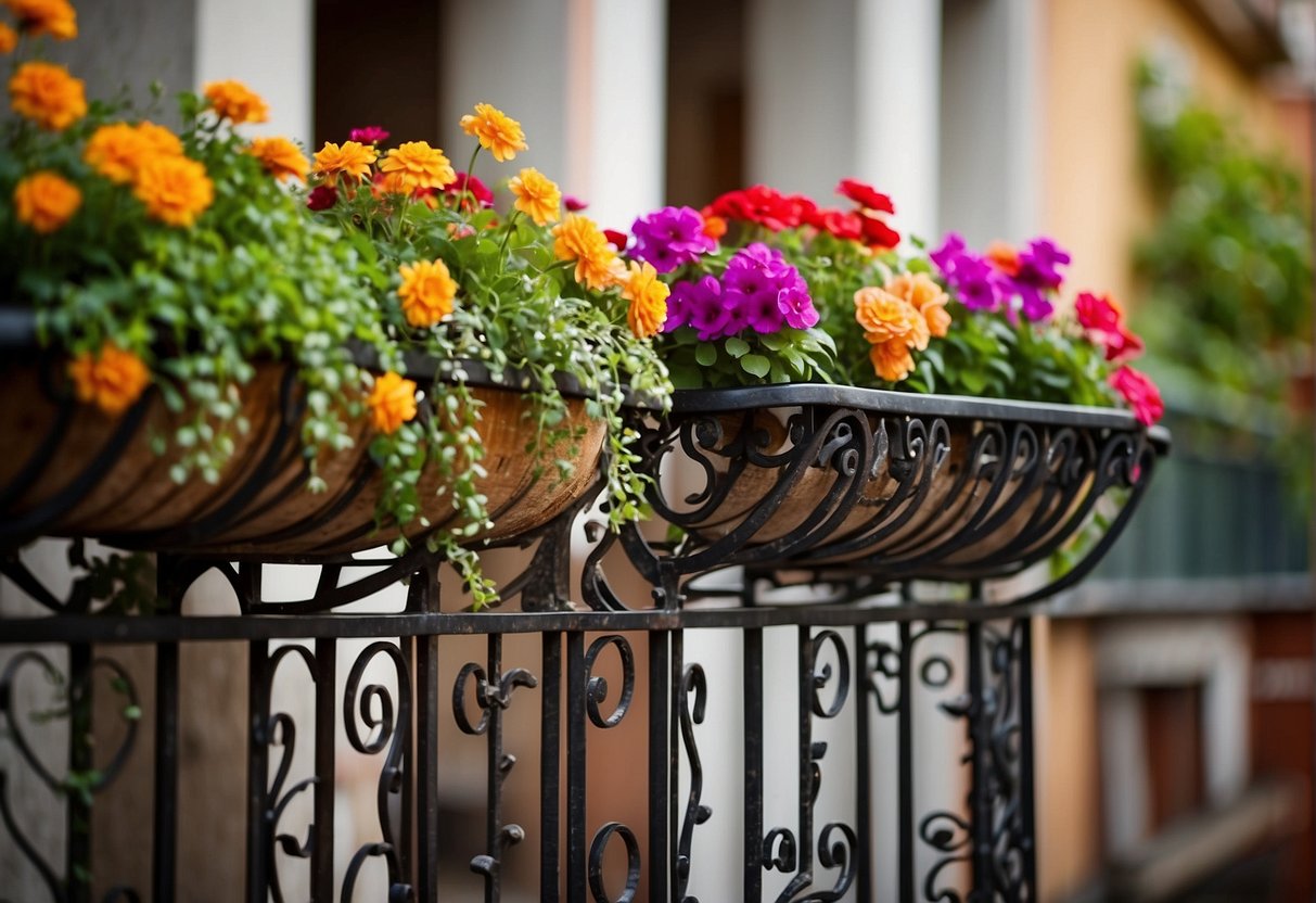 A wrought iron planter hangs from a balcony railing, overflowing with vibrant flowers and trailing vines. The intricate metalwork adds a touch of elegance to the scene