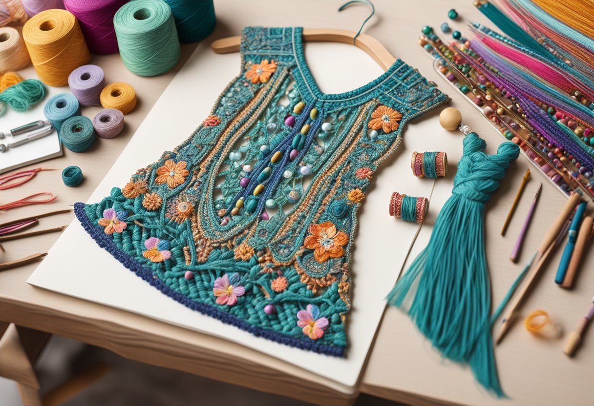 A macrame dress hangs on a mannequin, surrounded by spools of colorful thread and various beads and embellishments. A sketchbook with dress designs sits open on a nearby table