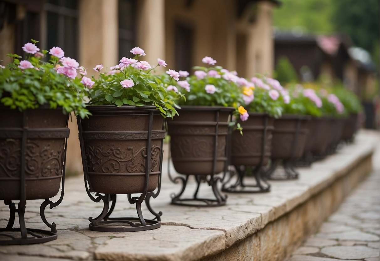 Several wrought iron planters arranged on a stone patio, filled with blooming flowers and trailing vines. The planters vary in size and design, adding visual interest to the outdoor space