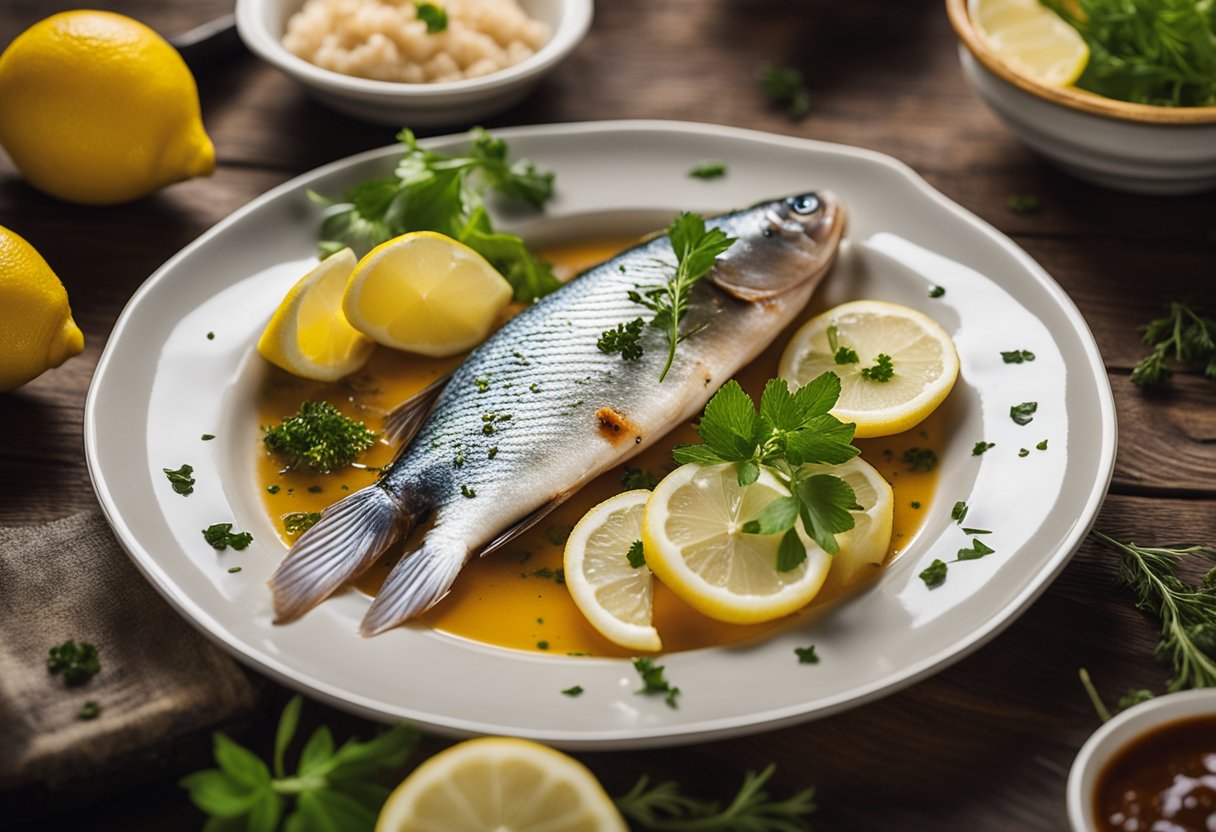 A plate of apollo fish, garnished with fresh herbs and lemon slices, sits on a wooden table next to a bowl of spicy dipping sauce